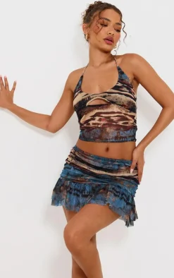 Hot PrettyLittleThing Petite Printed Mesh Ruffle Mini Skirt Multi