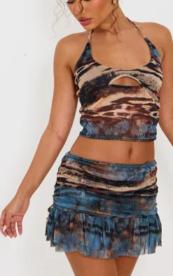 Hot PrettyLittleThing Petite Printed Mesh Ruffle Mini Skirt Multi