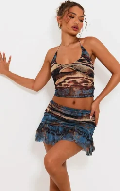 New PrettyLittleThing Petite Printed Mesh Halterneck Crop Top Multi