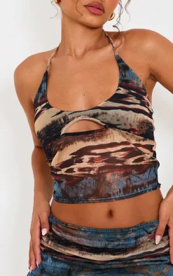 New PrettyLittleThing Petite Printed Mesh Halterneck Crop Top Multi