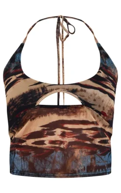 New PrettyLittleThing Petite Printed Mesh Halterneck Crop Top Multi