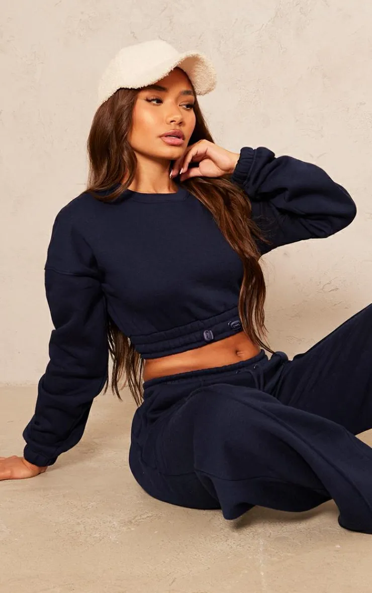 Sale PrettyLittleThing Petite Crop Elasticated Sweat Top Navy