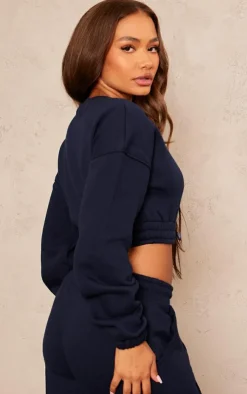 Sale PrettyLittleThing Petite Crop Elasticated Sweat Top Navy