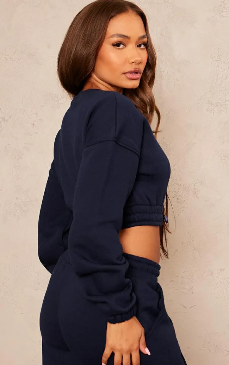 Sale PrettyLittleThing Petite Crop Elasticated Sweat Top Navy