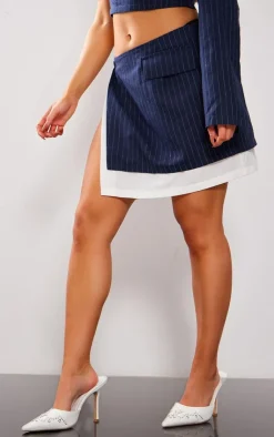 Best PrettyLittleThing Petite Pinstripe Contrast Side Split Mini Skirt Navy