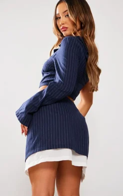 Best PrettyLittleThing Petite Pintripe One Shoulder Woven Crop Top Navy
