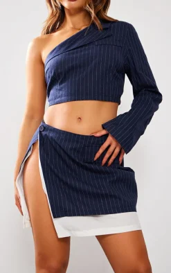Best PrettyLittleThing Petite Pintripe One Shoulder Woven Crop Top Navy