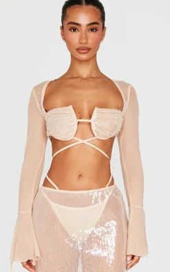 New PrettyLittleThing Petite Sequin Cup Deatil Crop Top With Mesh Sleeves Nude