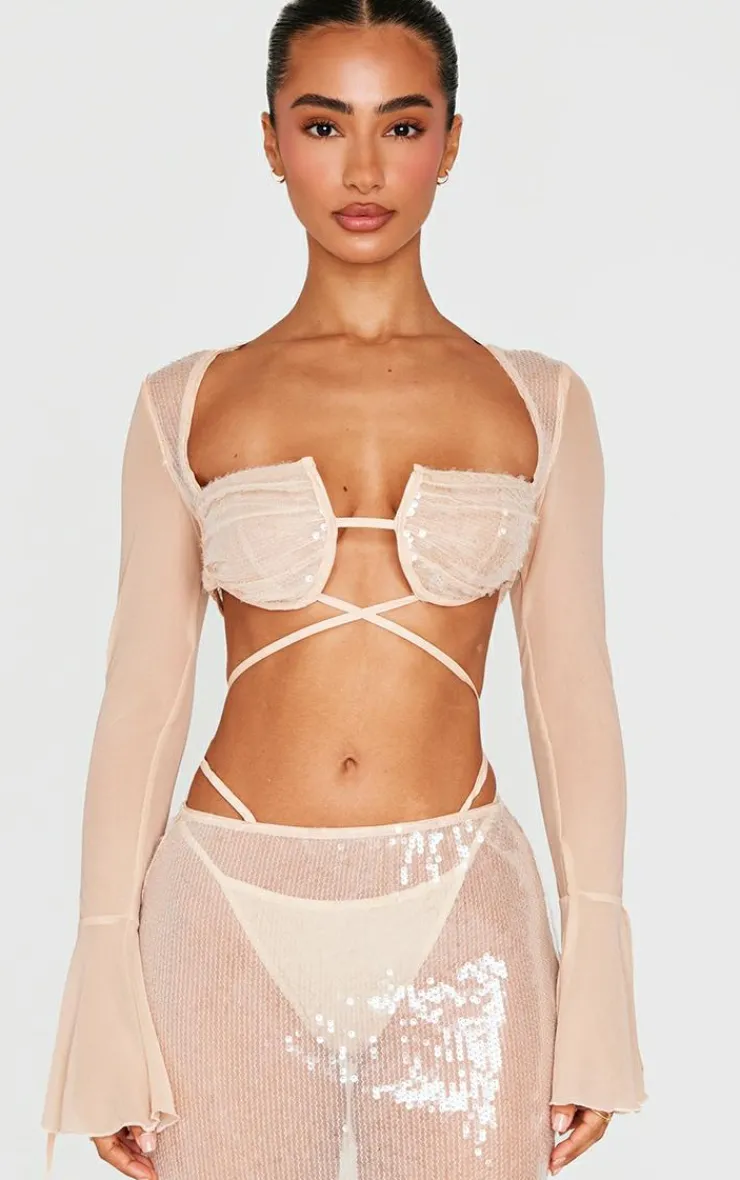 New PrettyLittleThing Petite Sequin Cup Deatil Crop Top With Mesh Sleeves Nude