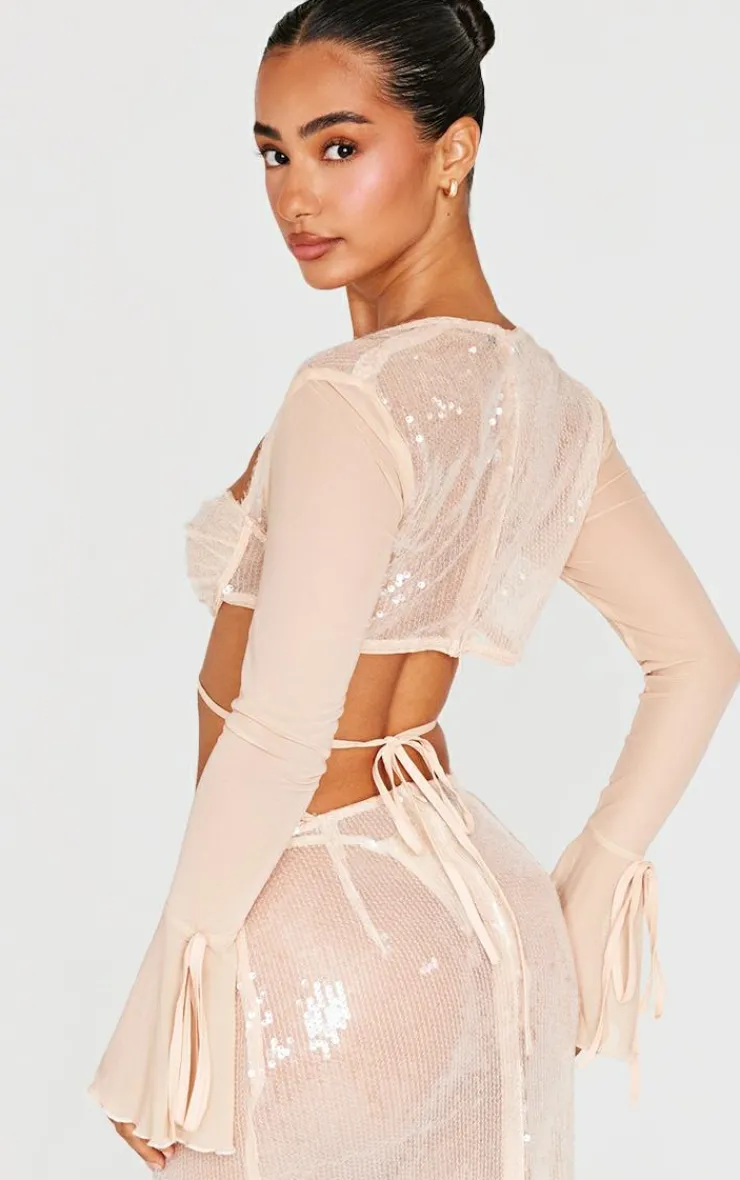 New PrettyLittleThing Petite Sequin Cup Deatil Crop Top With Mesh Sleeves Nude