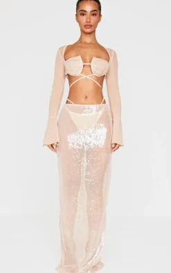 New PrettyLittleThing Petite Sequin Cup Deatil Crop Top With Mesh Sleeves Nude