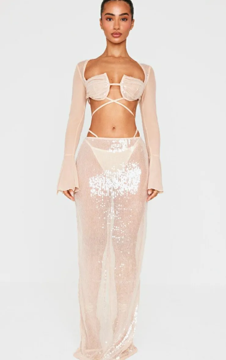 New PrettyLittleThing Petite Sequin Cup Deatil Crop Top With Mesh Sleeves Nude