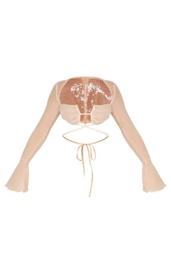 New PrettyLittleThing Petite Sequin Cup Deatil Crop Top With Mesh Sleeves Nude