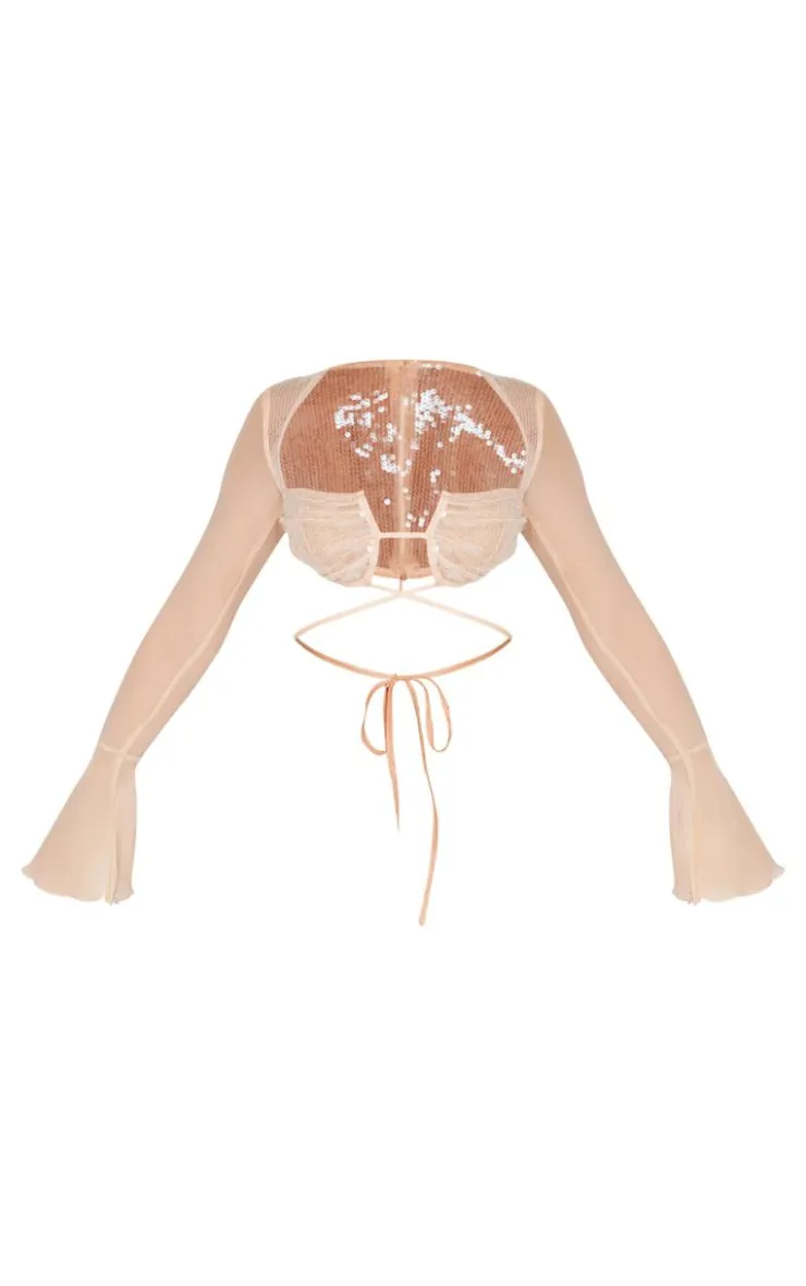 New PrettyLittleThing Petite Sequin Cup Deatil Crop Top With Mesh Sleeves Nude