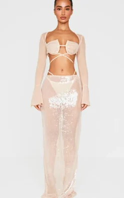 Online PrettyLittleThing Petite Sequin Low Waist Maxi Skirt Nude