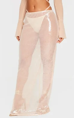 Online PrettyLittleThing Petite Sequin Low Waist Maxi Skirt Nude