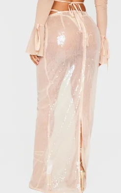 Online PrettyLittleThing Petite Sequin Low Waist Maxi Skirt Nude