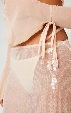Online PrettyLittleThing Petite Sequin Low Waist Maxi Skirt Nude
