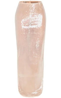Online PrettyLittleThing Petite Sequin Low Waist Maxi Skirt Nude