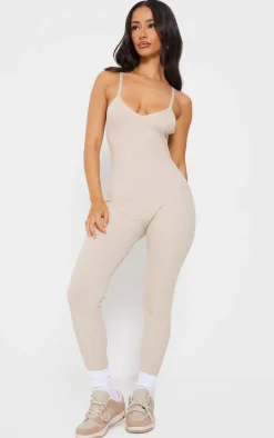 Petite Oatmeal Contrast Knit Strappy Jumpsuit