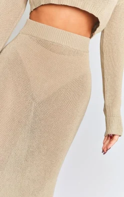 Outlet PrettyLittleThing Petite Knitted Low Rise Midaxi Skirt Oatmeal