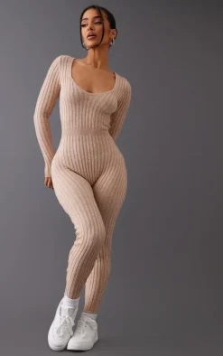 Petite Oatmeal Long Sleeve Knitted Jumpsuit