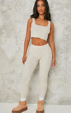 Hot PrettyLittleThing Petite Rib Knit Crop Top Oatmeal