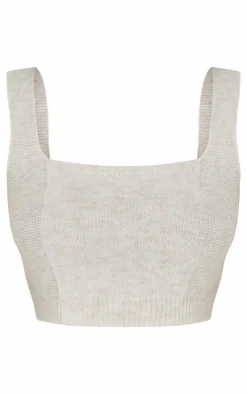 Hot PrettyLittleThing Petite Rib Knit Crop Top Oatmeal