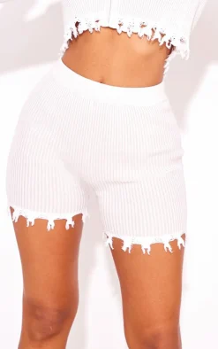 Clearance PrettyLittleThing Petite Distressed Knitted Shorts Off White