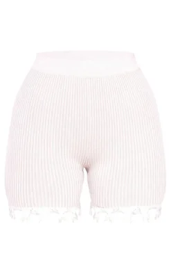 Clearance PrettyLittleThing Petite Distressed Knitted Shorts Off White