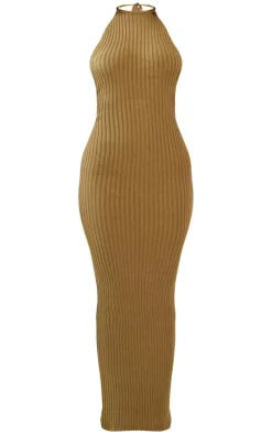 Petite Olive Knitted Open Back Maxi Dress