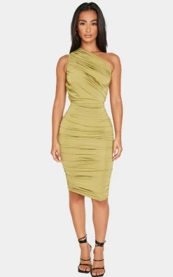 Petite Slinky Ruched One Shoulder Longline Midi Dress-PrettyLittleThing Discount