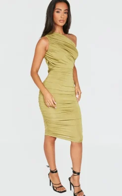 Petite Slinky Ruched One Shoulder Longline Midi Dress-PrettyLittleThing Discount