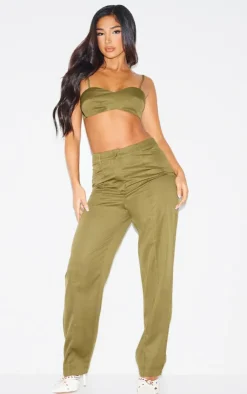 Sale PrettyLittleThing Petite Tailored Straight Leg Pants Olive