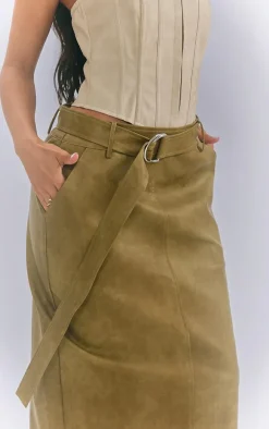 Petite Olive Washed Faux Leather Belted Midi Skirt