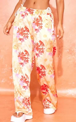 Petite Orange Floral Print Low Rise Satin Pants