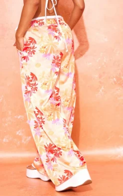 Petite Orange Floral Print Low Rise Satin Pants