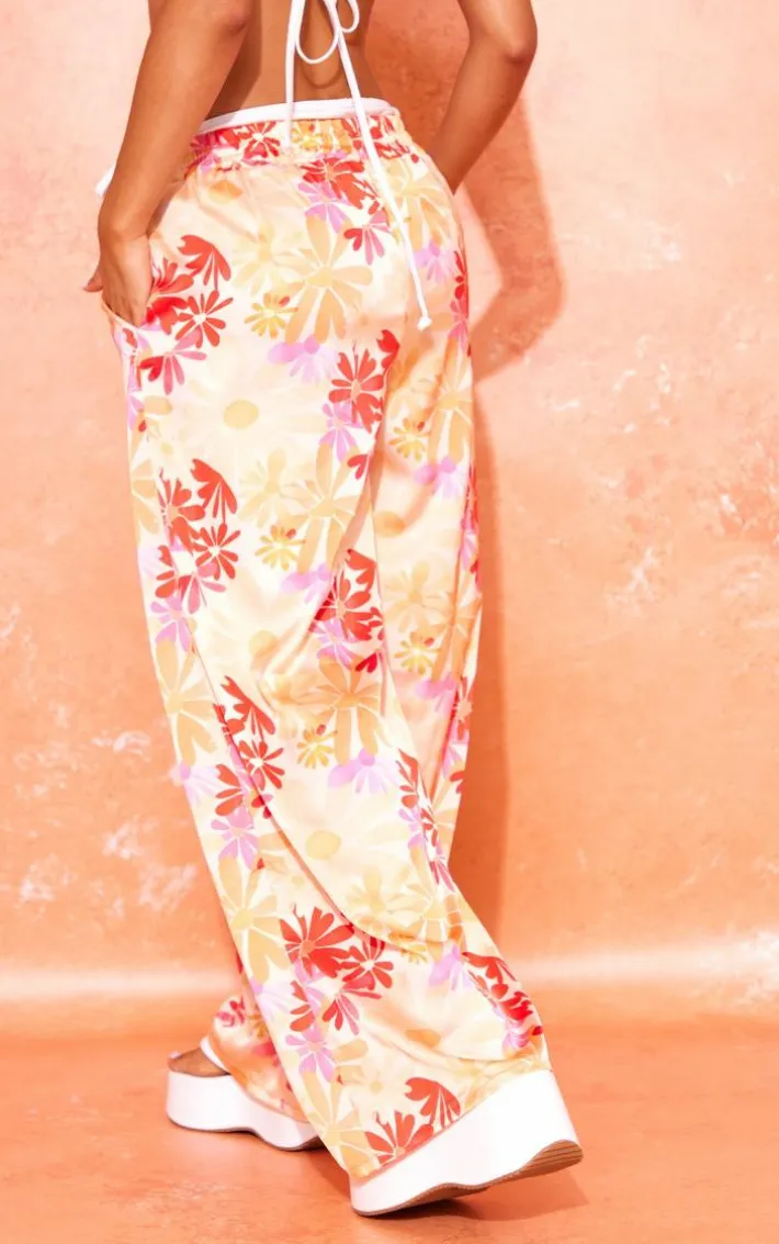 Petite Orange Floral Print Low Rise Satin Pants