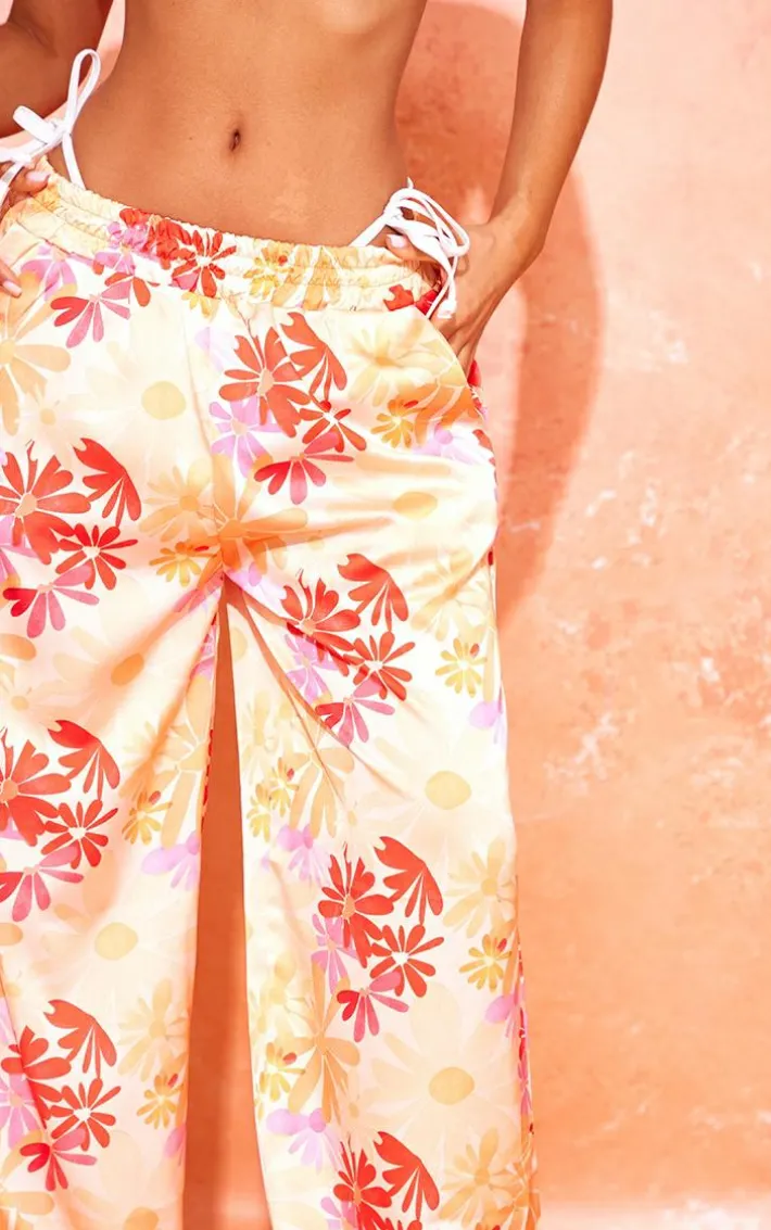 Petite Orange Floral Print Low Rise Satin Pants