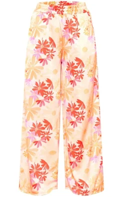 Petite Orange Floral Print Low Rise Satin Pants