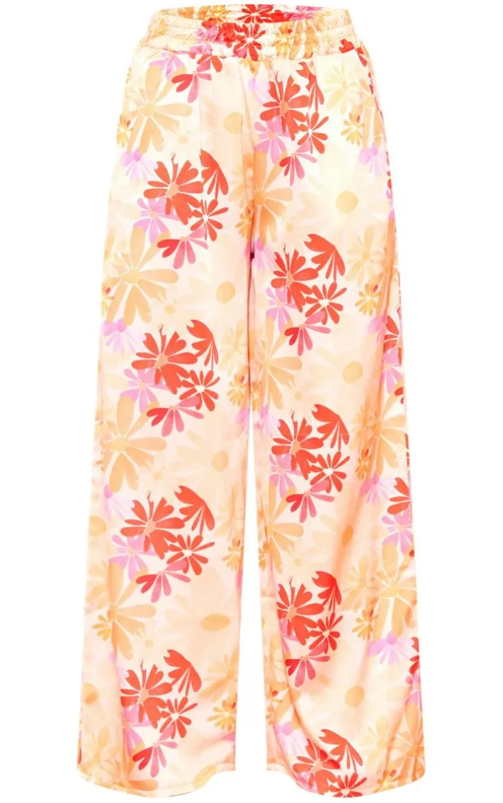 Petite Orange Floral Print Low Rise Satin Pants
