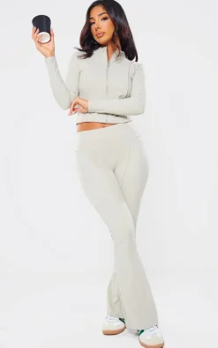 Discount PrettyLittleThing Petite Snatched Sculpt Seam Detail Flared Pants Pale Khaki
