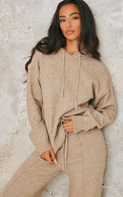 New PrettyLittleThing Petite Knitted Hoodie Pebble