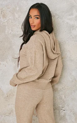 New PrettyLittleThing Petite Knitted Hoodie Pebble