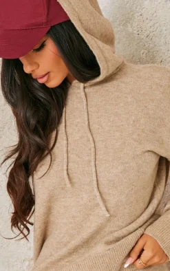 New PrettyLittleThing Petite Knitted Hoodie Pebble