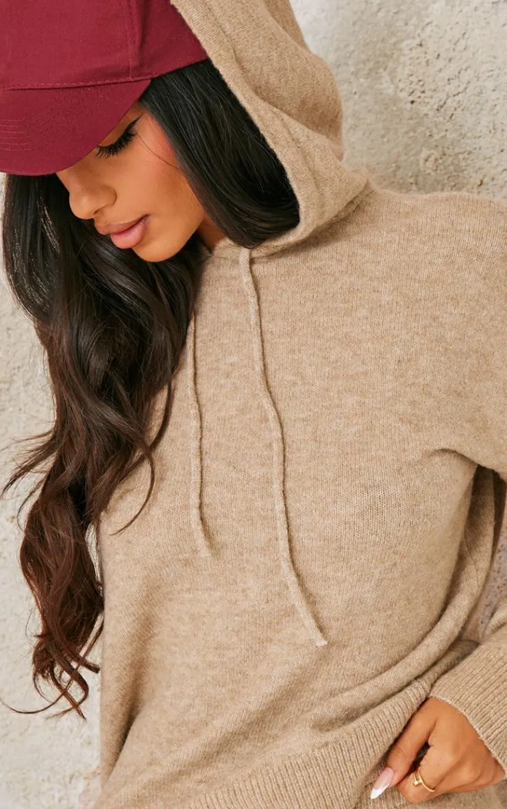 New PrettyLittleThing Petite Knitted Hoodie Pebble