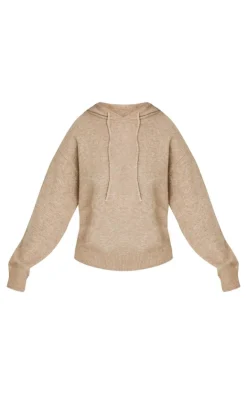 New PrettyLittleThing Petite Knitted Hoodie Pebble