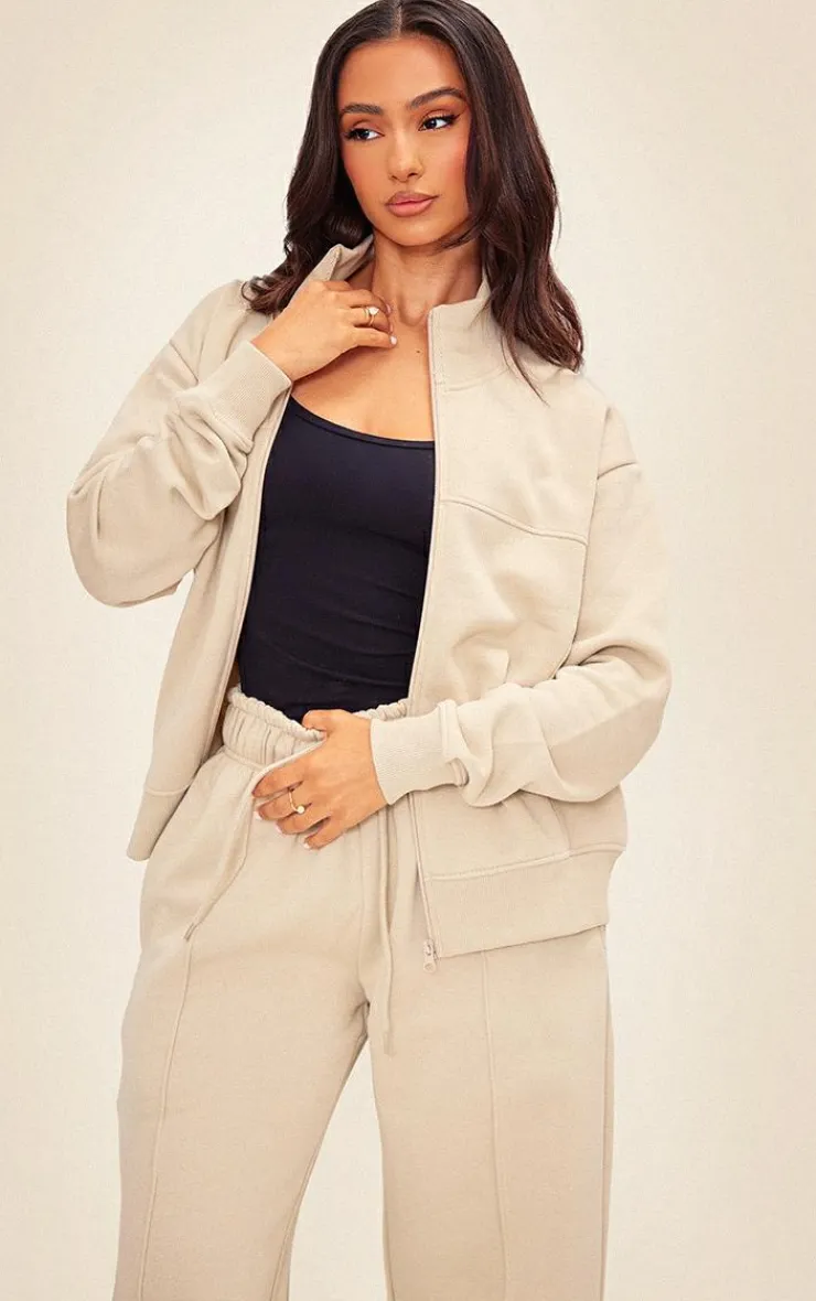 New PrettyLittleThing Petite Seam Detail Zip Through Track Top Pebble