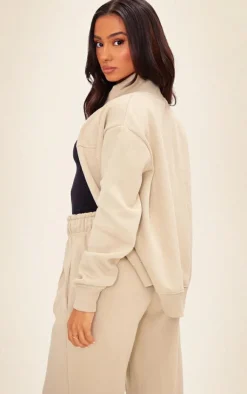 New PrettyLittleThing Petite Seam Detail Zip Through Track Top Pebble
