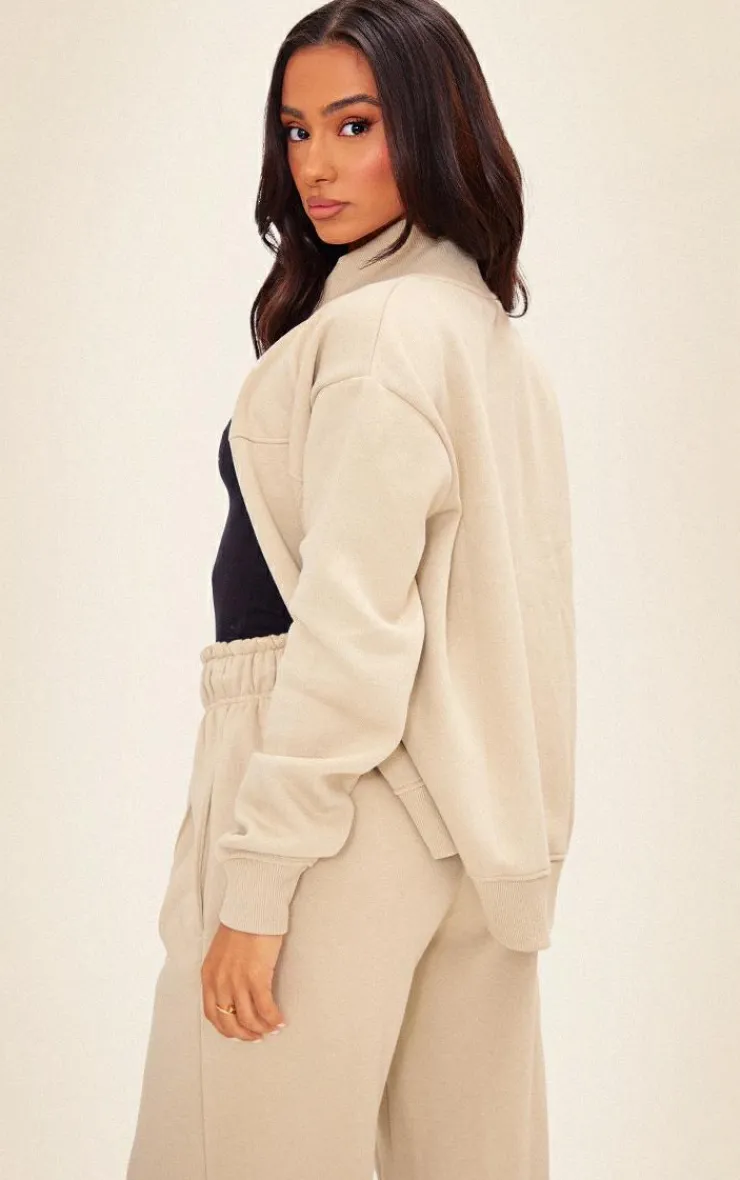 New PrettyLittleThing Petite Seam Detail Zip Through Track Top Pebble